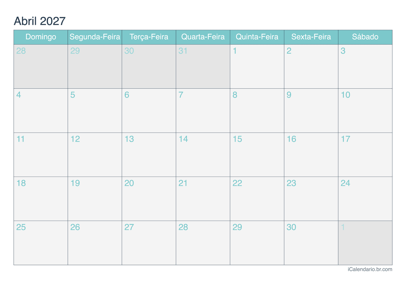 Calendário de abril 2027 - Turquesa