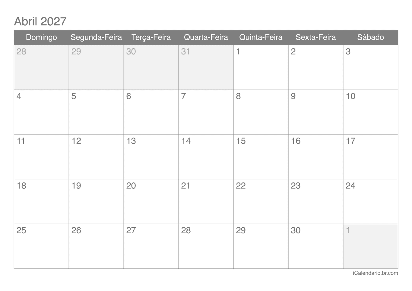 Calendário de abril 2027