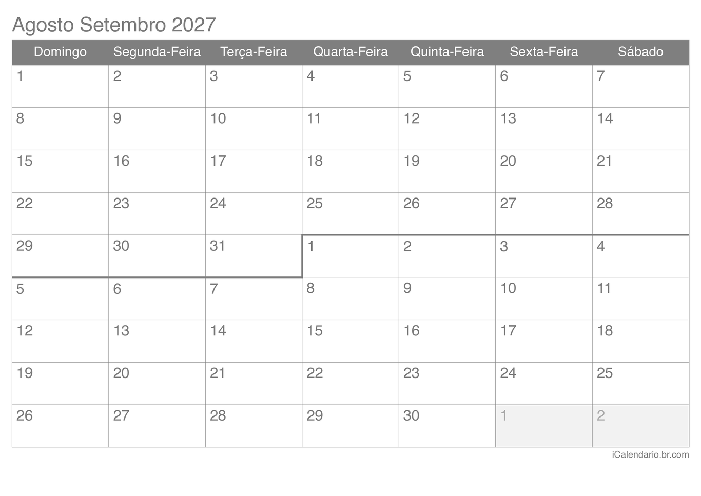 Calendário de agosto setembro 2027