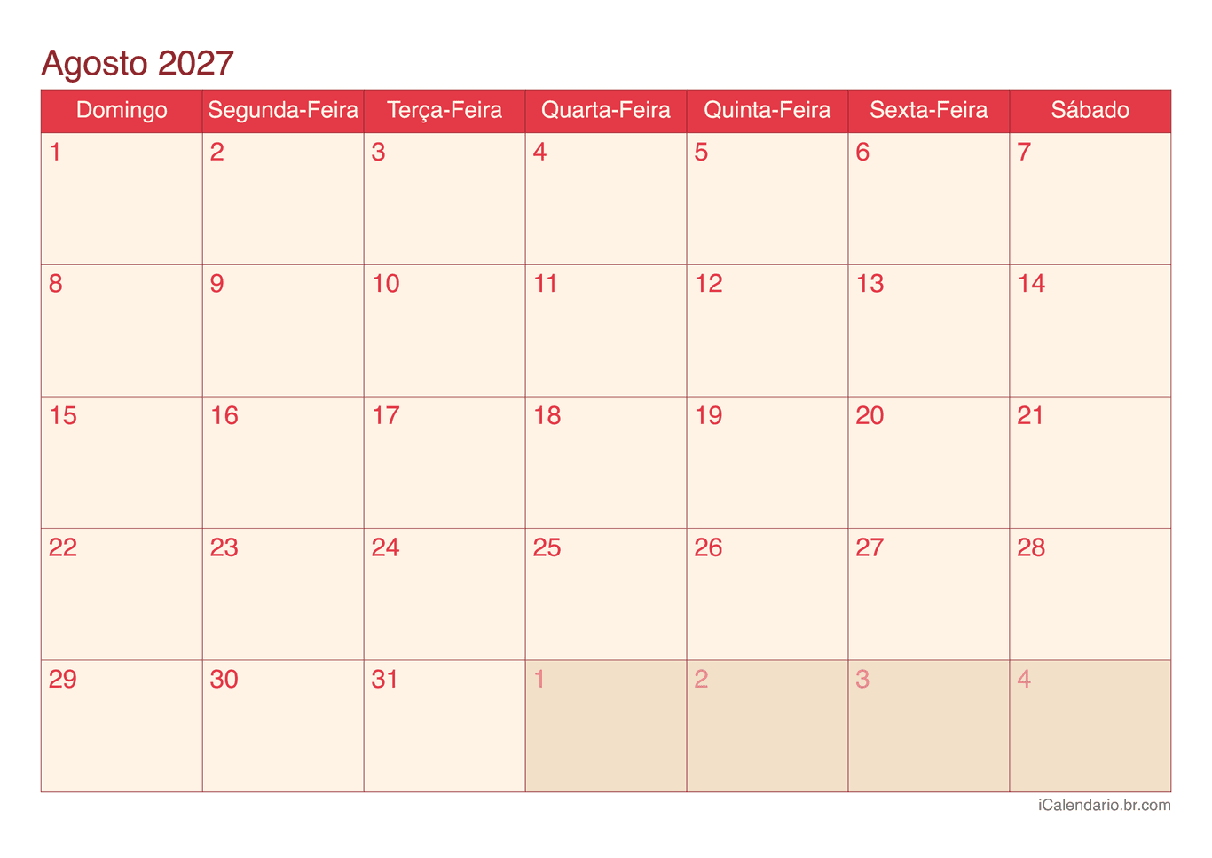 Calendário de agosto 2027 - Cherry