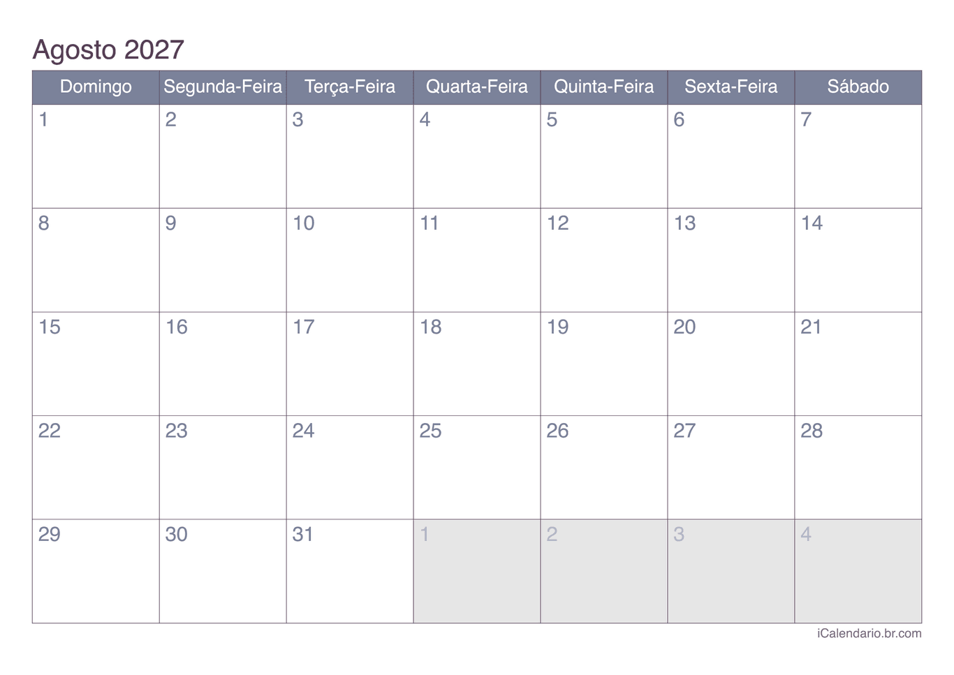 Calendário de agosto 2027 - Office