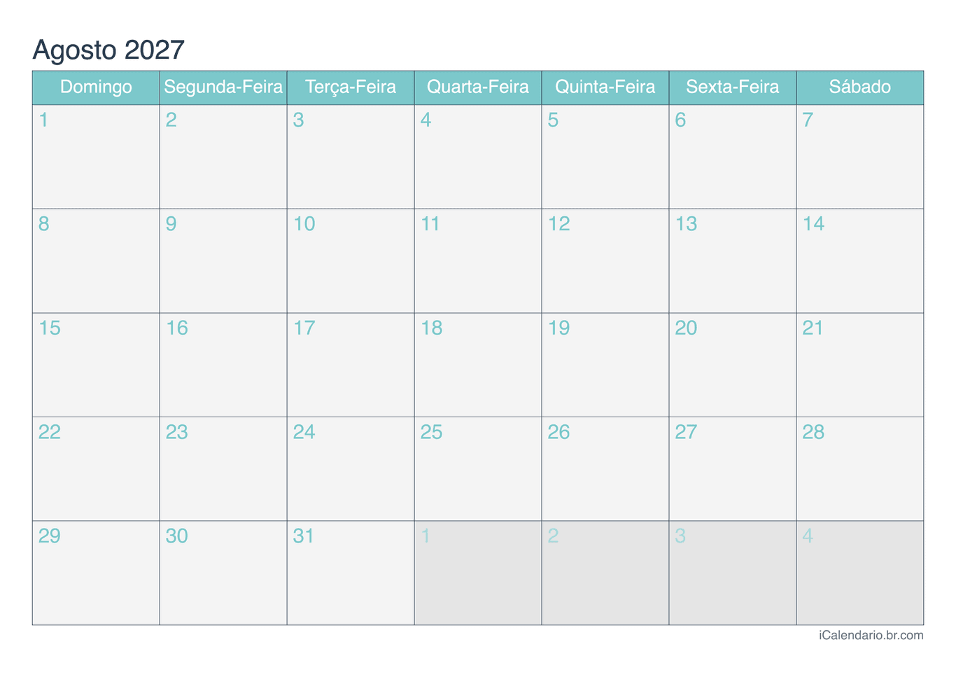Calendário de agosto 2027 - Turquesa