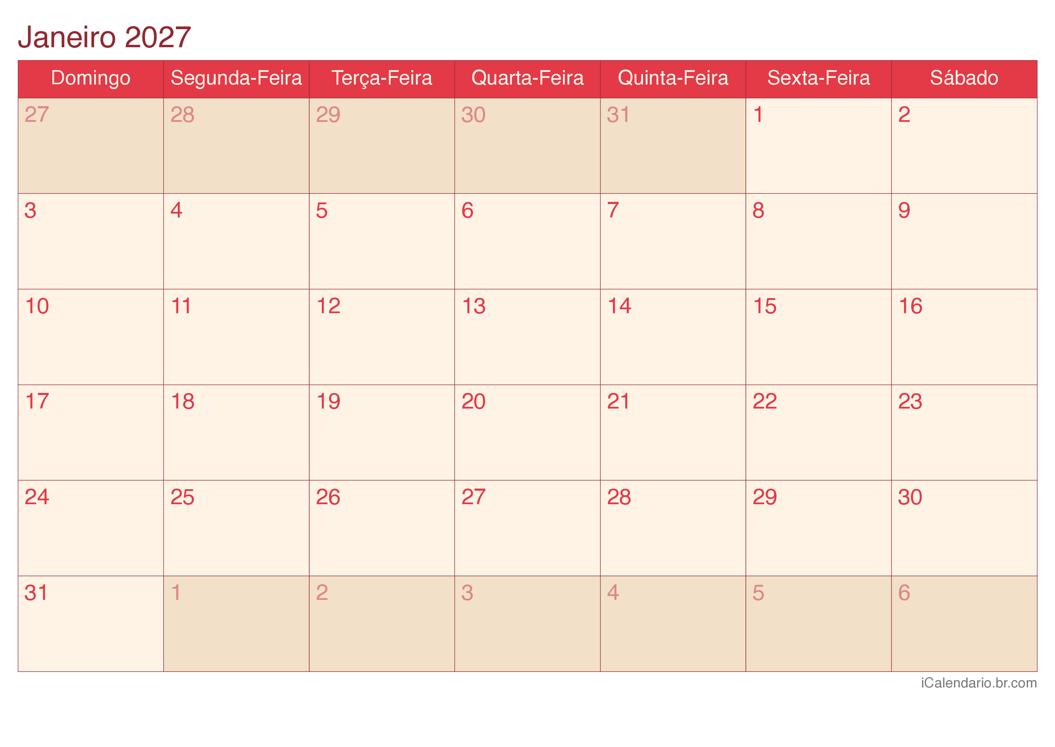 Calendário por mês 2027 - Cherry