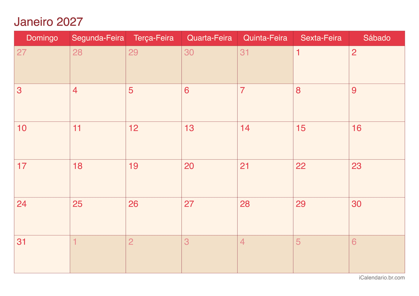 Calendário por mês 2027 - Cherry