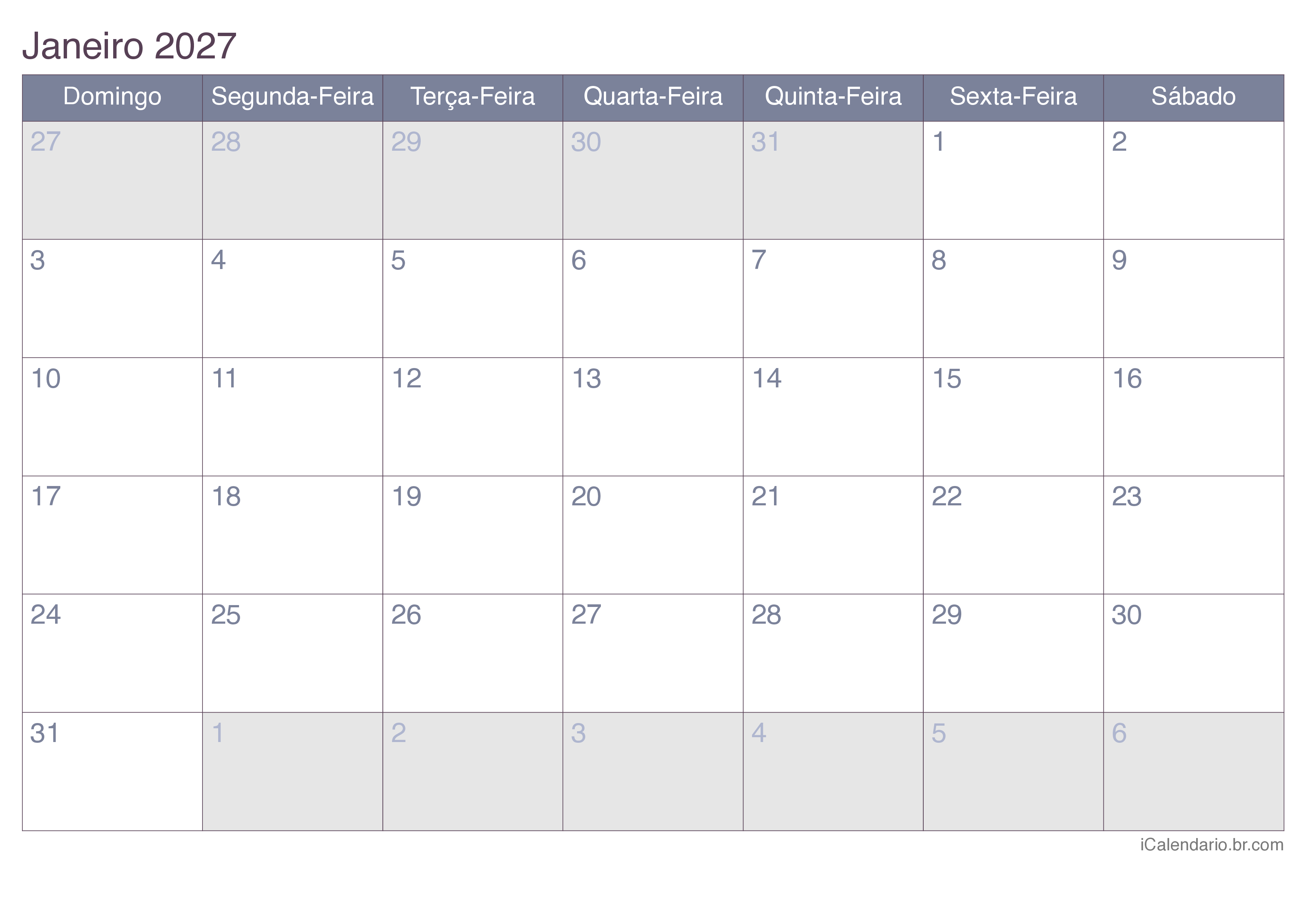 Calendário por mês 2027 - Office