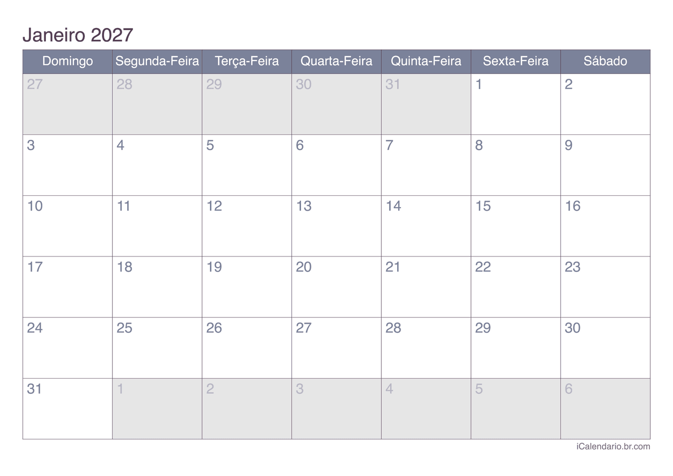 Calendário por mês 2027 - Office