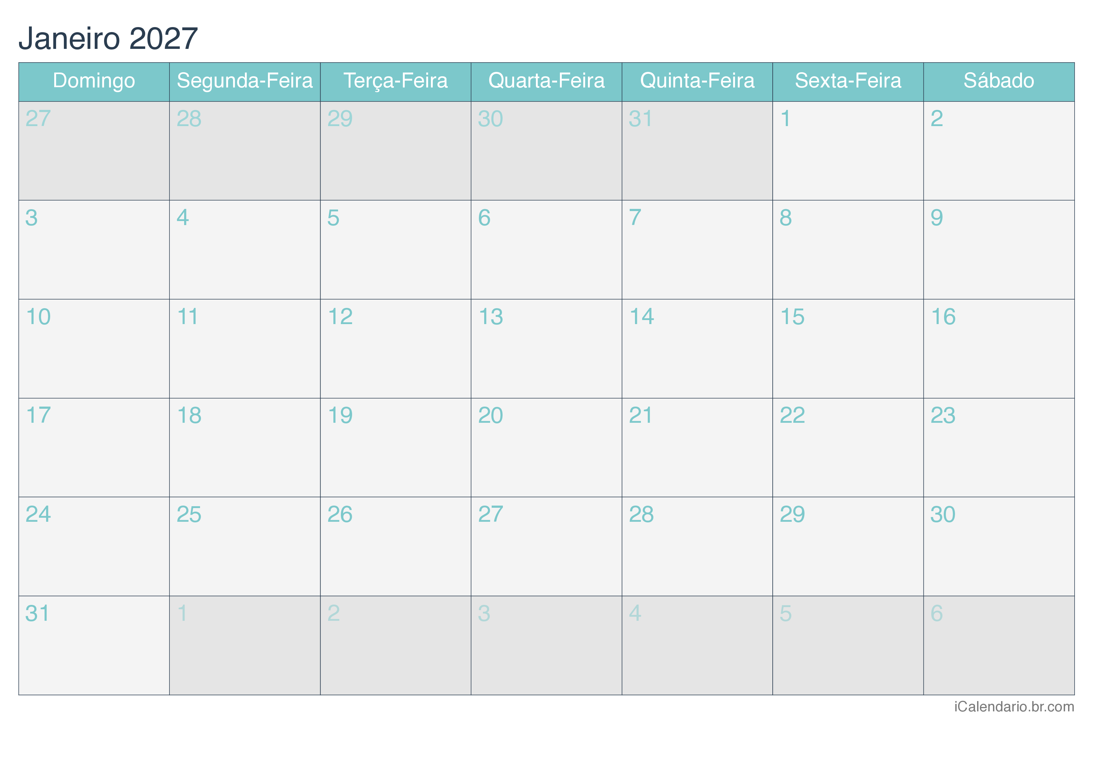 Calendário por mês 2027 - Turquesa