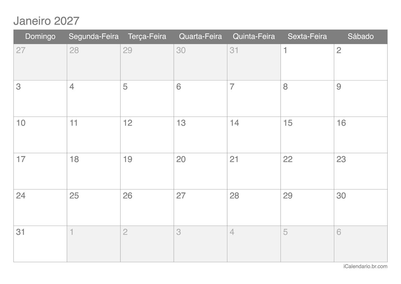 Calendário por mês 2027