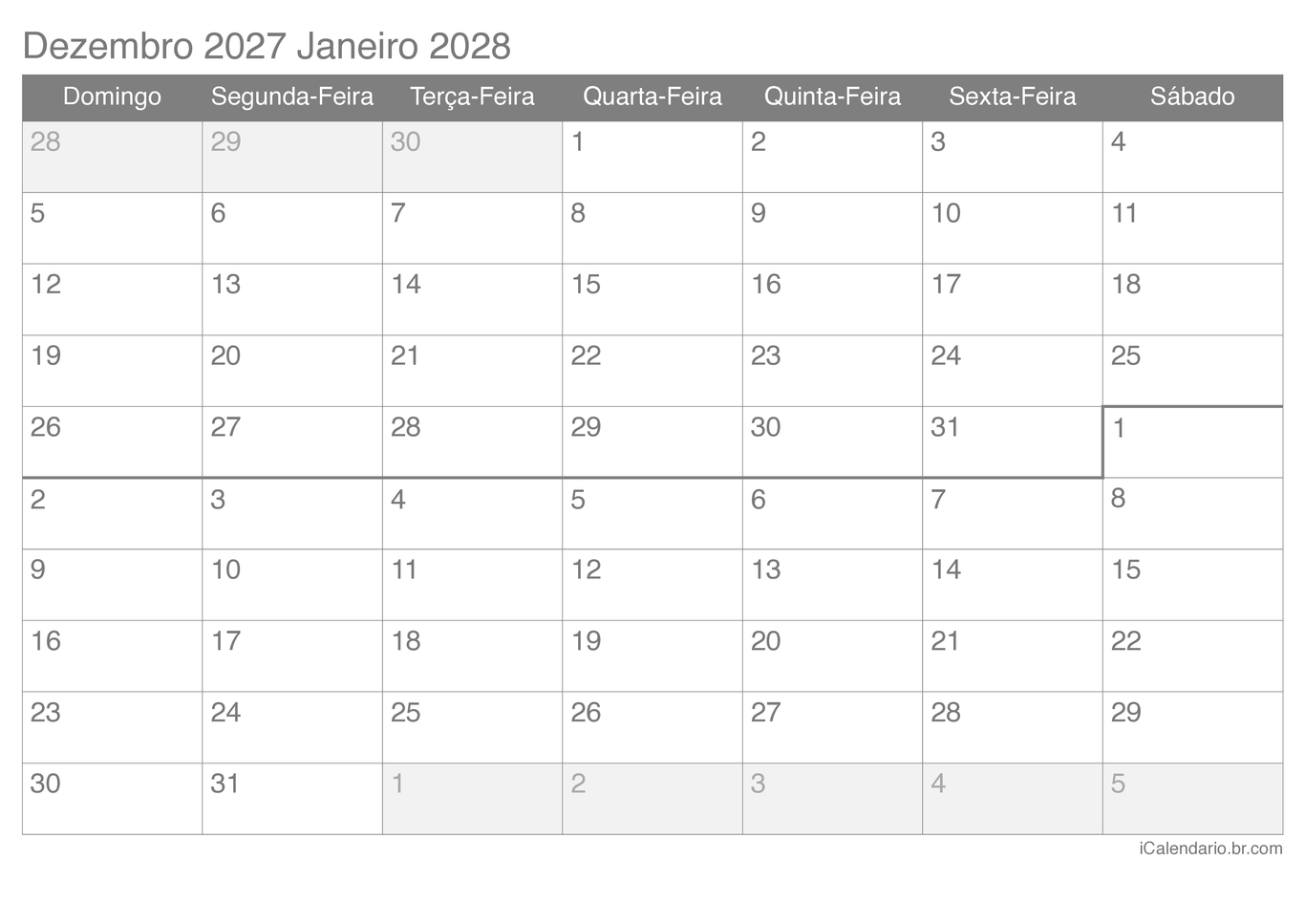Calendário de dezembro janeiro 2027