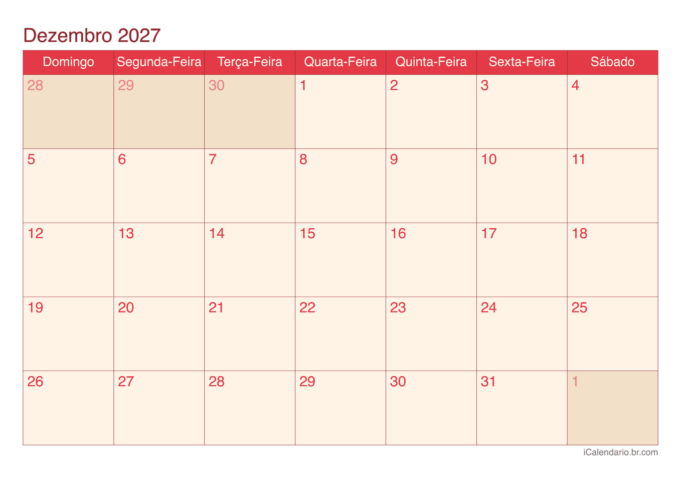 Calendário de dezembro 2027 - Cherry