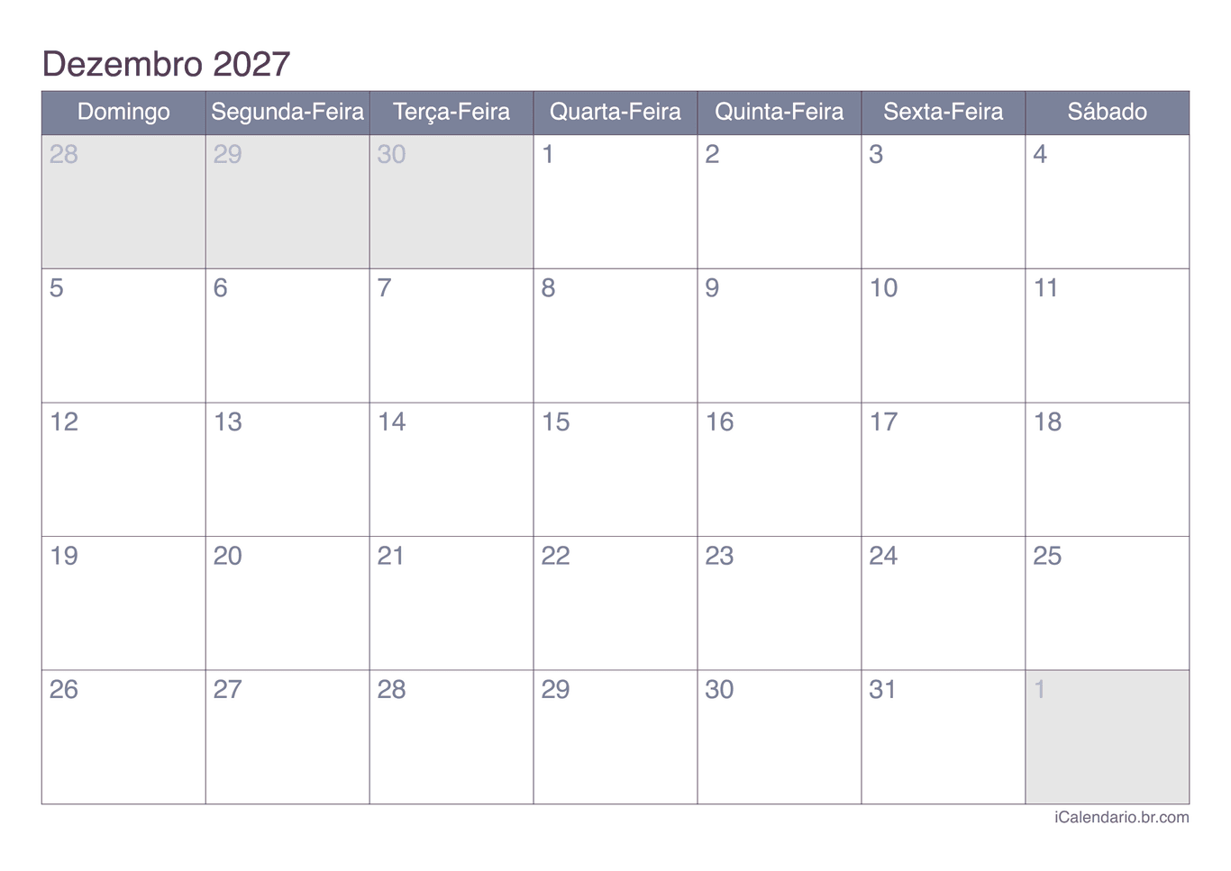 Calendário de dezembro 2027 - Office