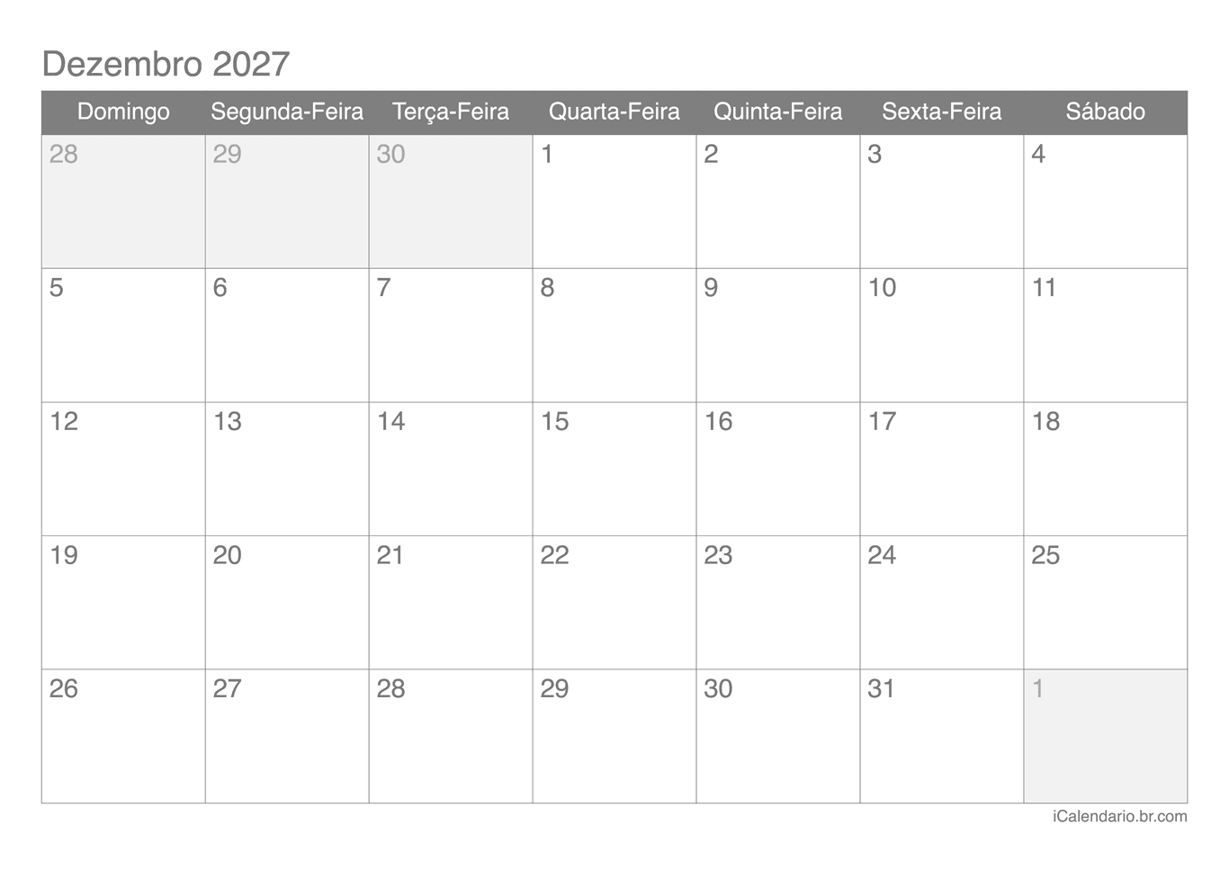 Calendário de dezembro 2027