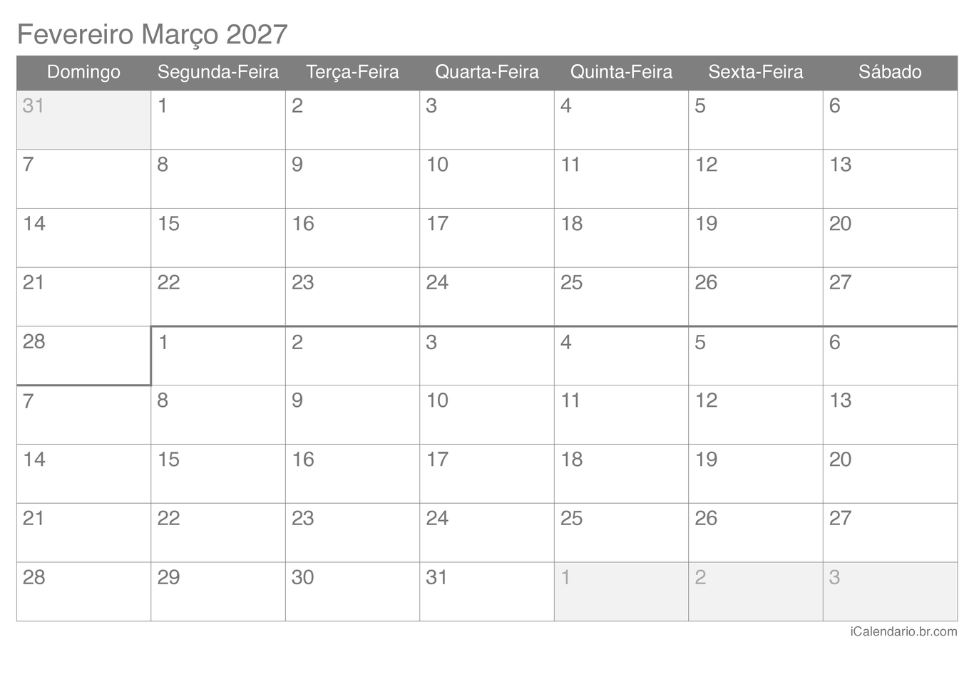 Calendário de fevereiro março 2027
