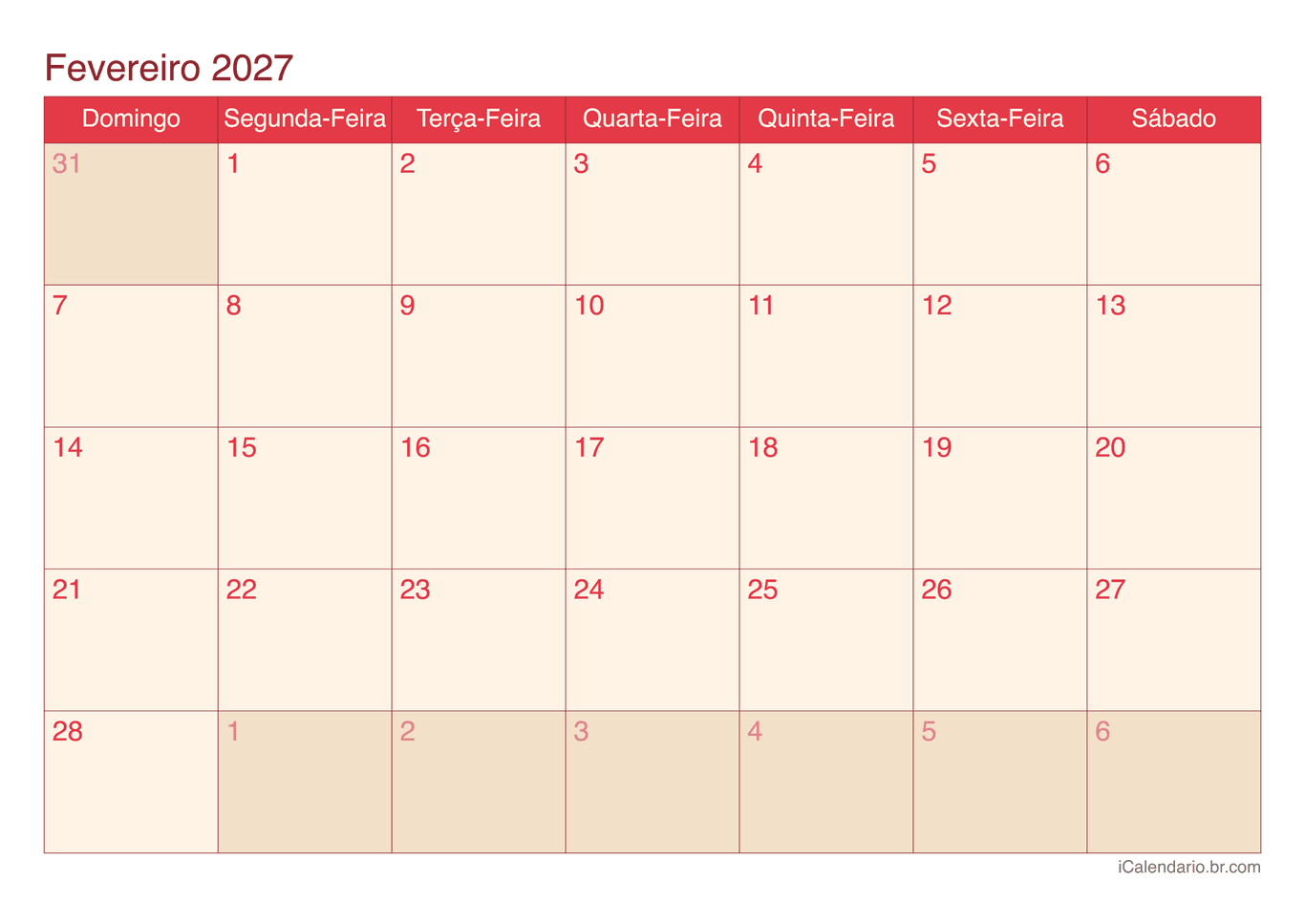 Calendário de fevereiro 2027 - Cherry