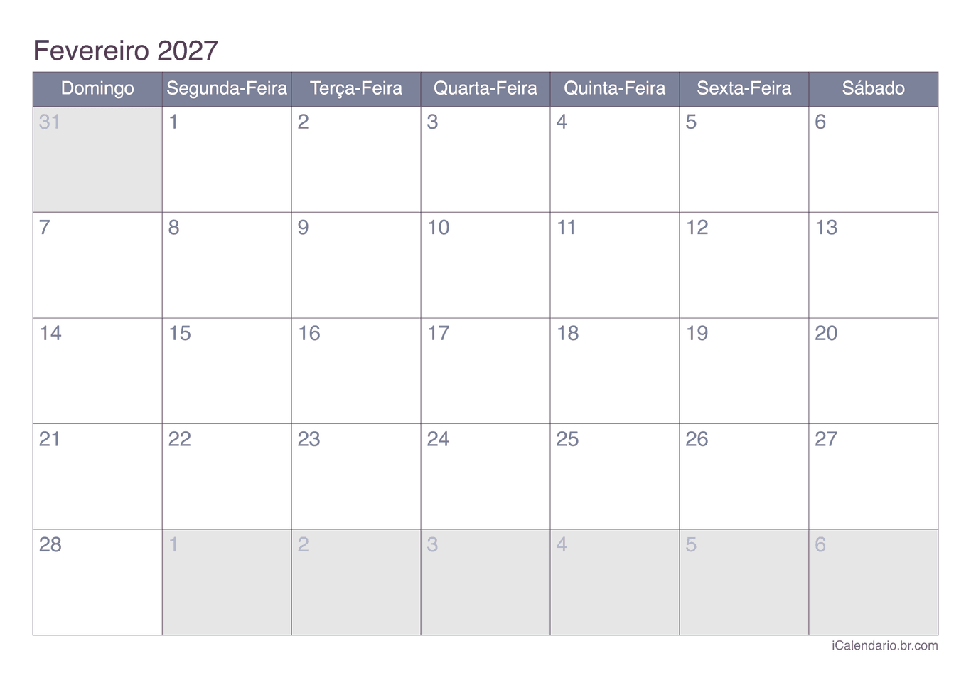 Calendário de fevereiro 2027 - Office