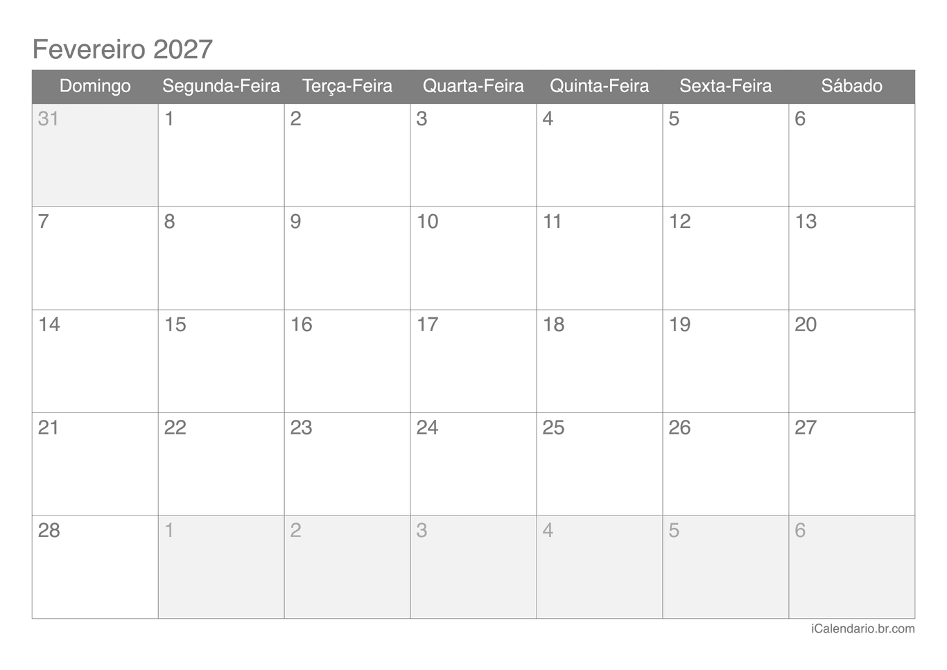 Calendário de fevereiro 2027