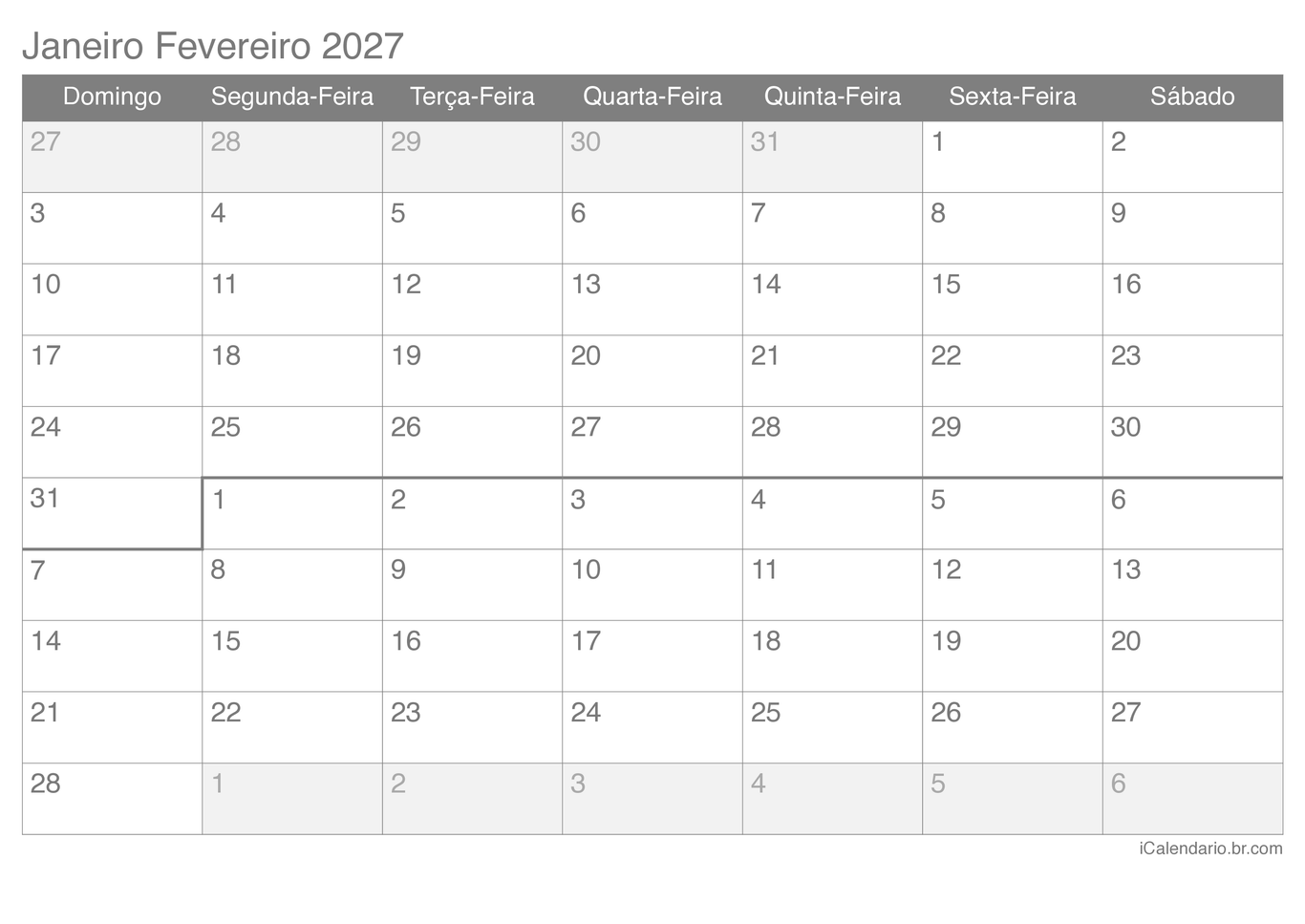 Calendário de janeiro fevereiro 2027