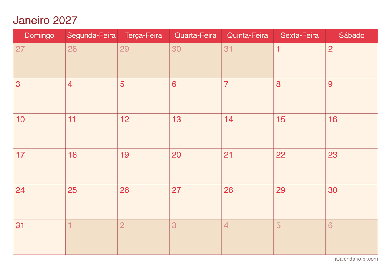 Calendário de janeiro 2027 - Cherry