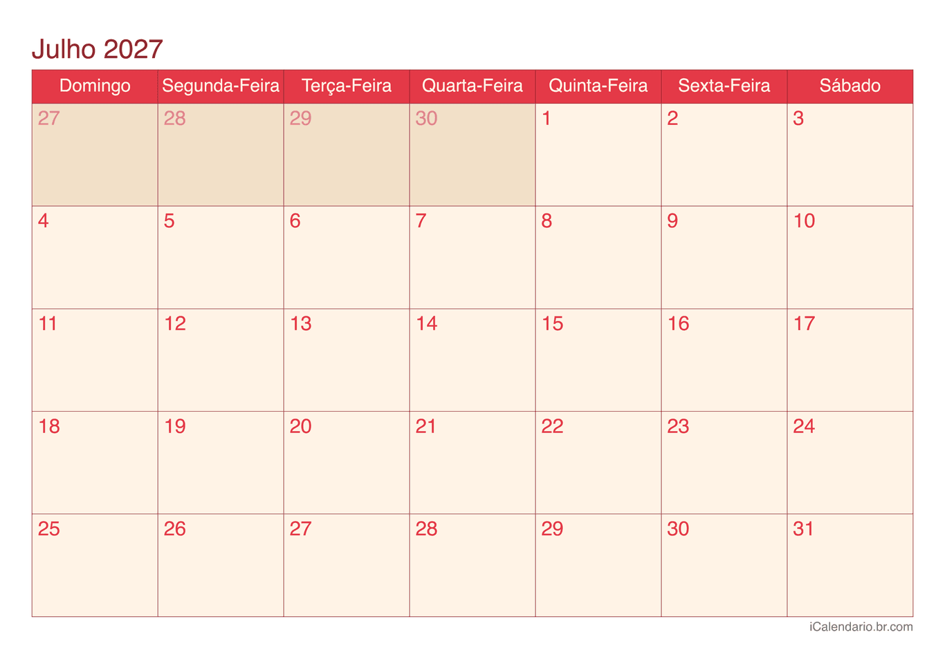 Calendário de julho 2027 - Cherry