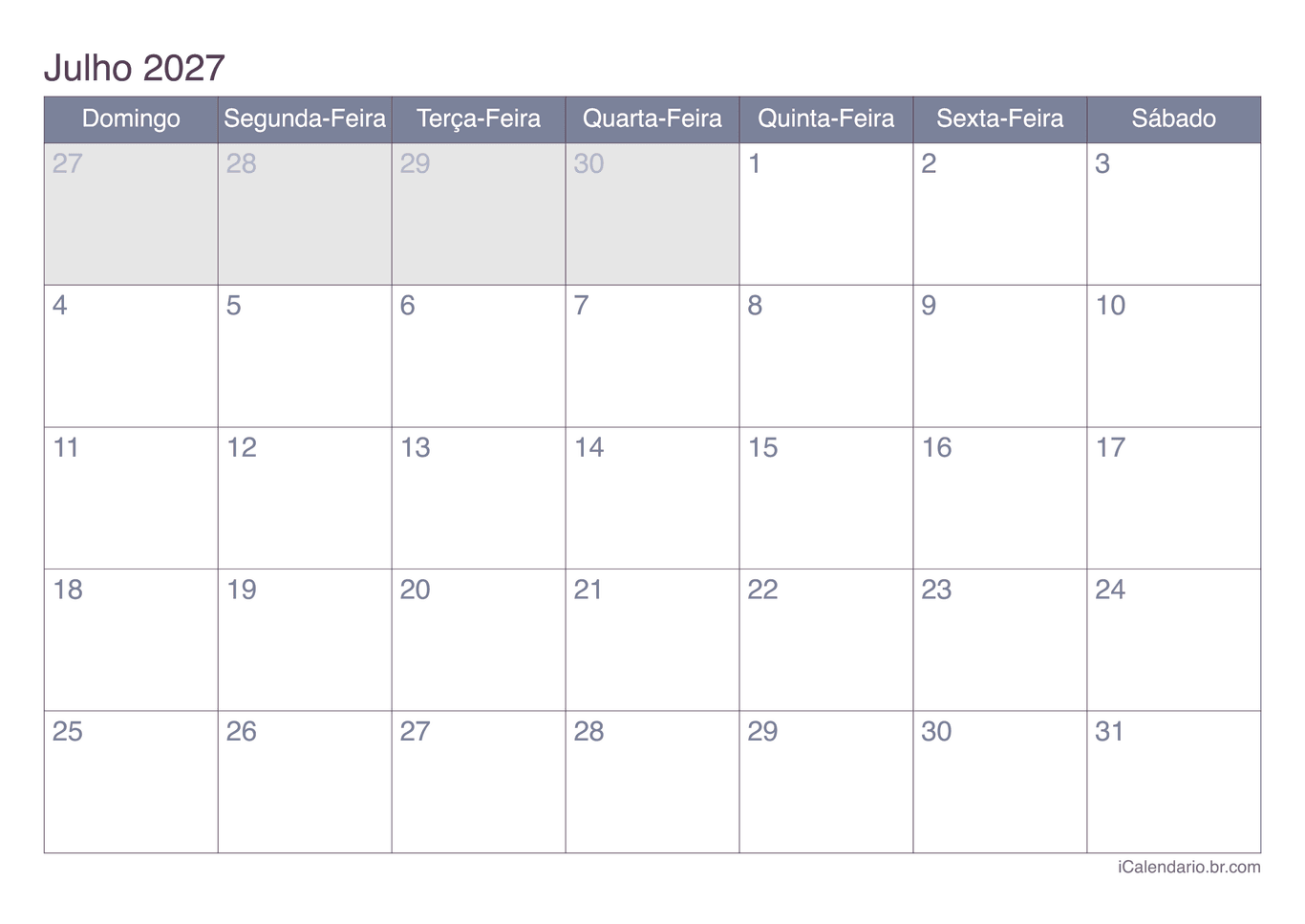 Calendário de julho 2027 - Office