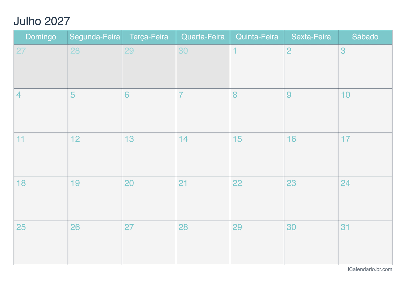 Calendário de julho 2027 - Turquesa