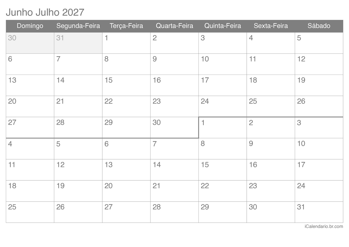 Calendário de junho julho 2027