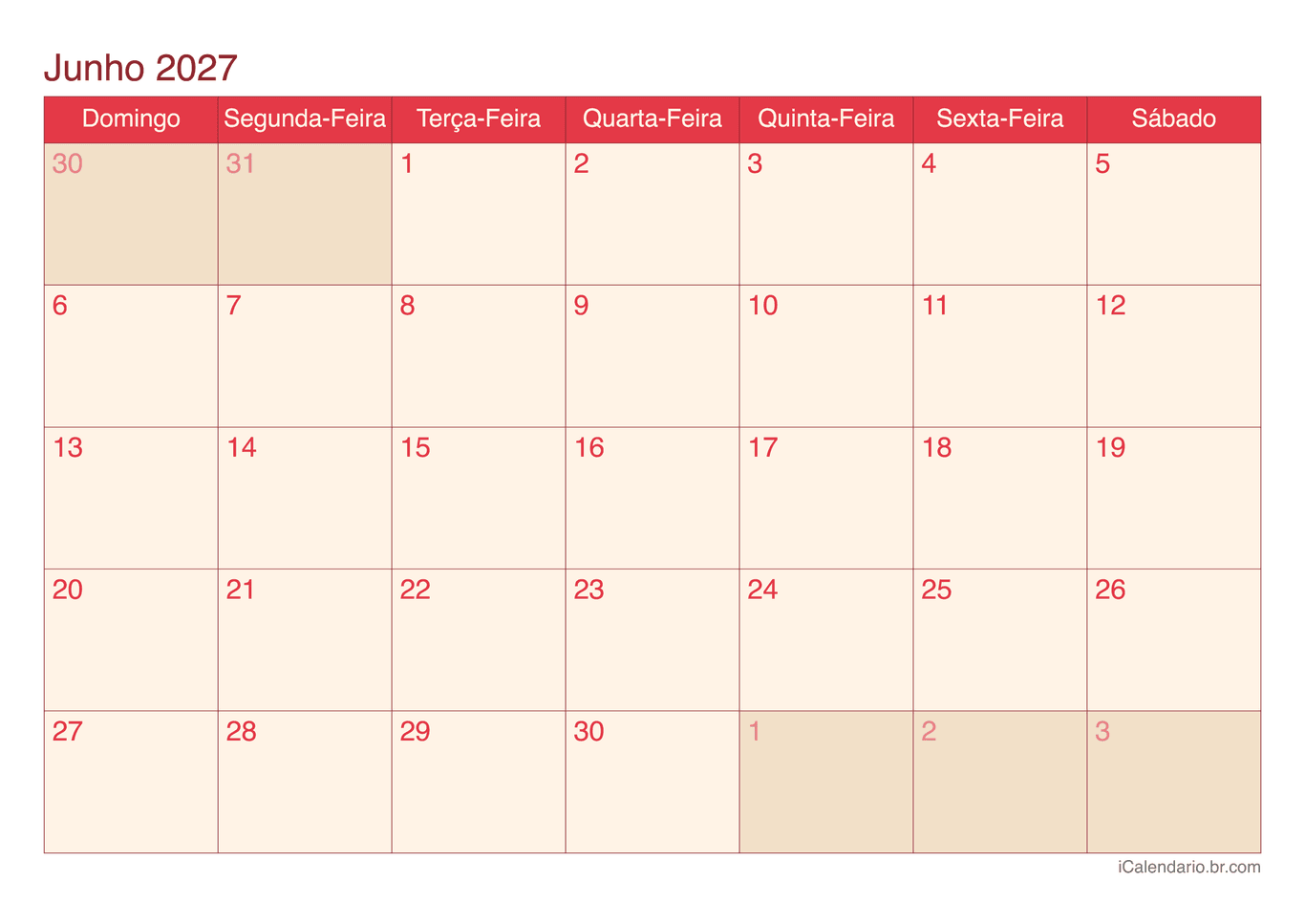 Calendário de junho 2027 - Cherry