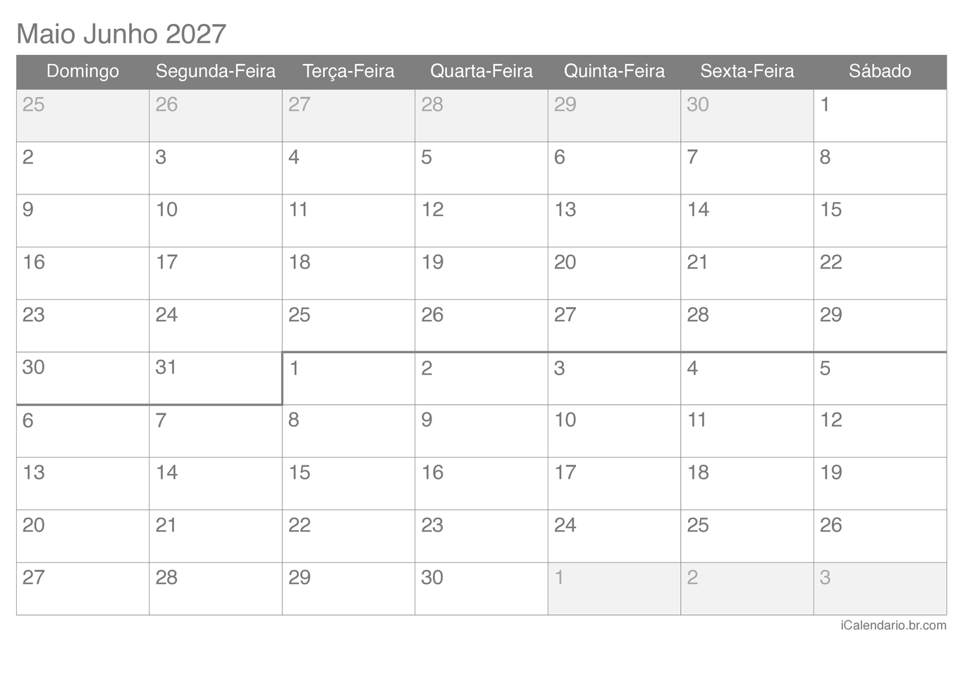 Calendário de maio junho 2027
