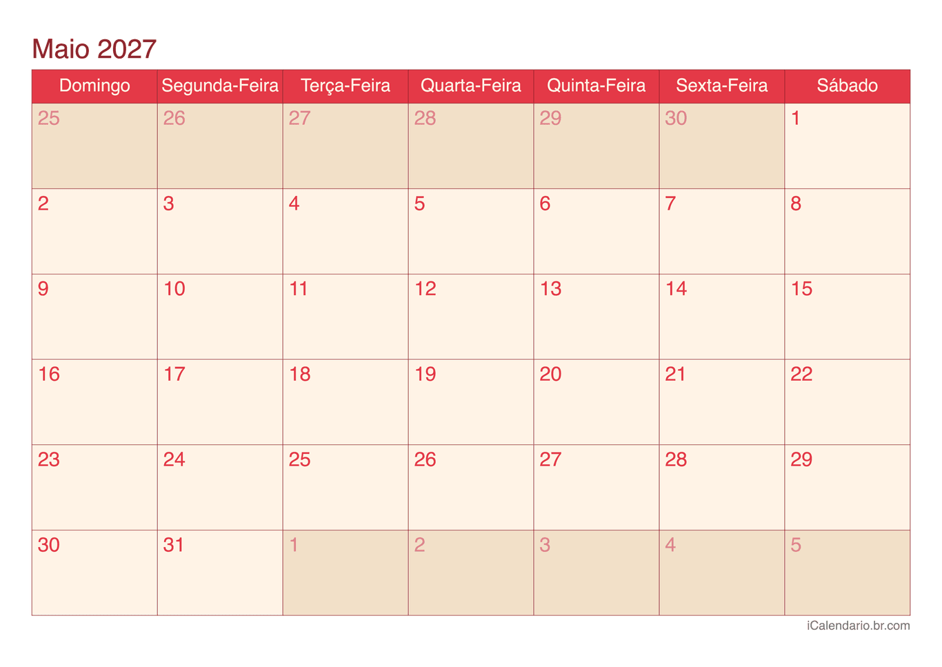 Calendário de maio 2027 - Cherry