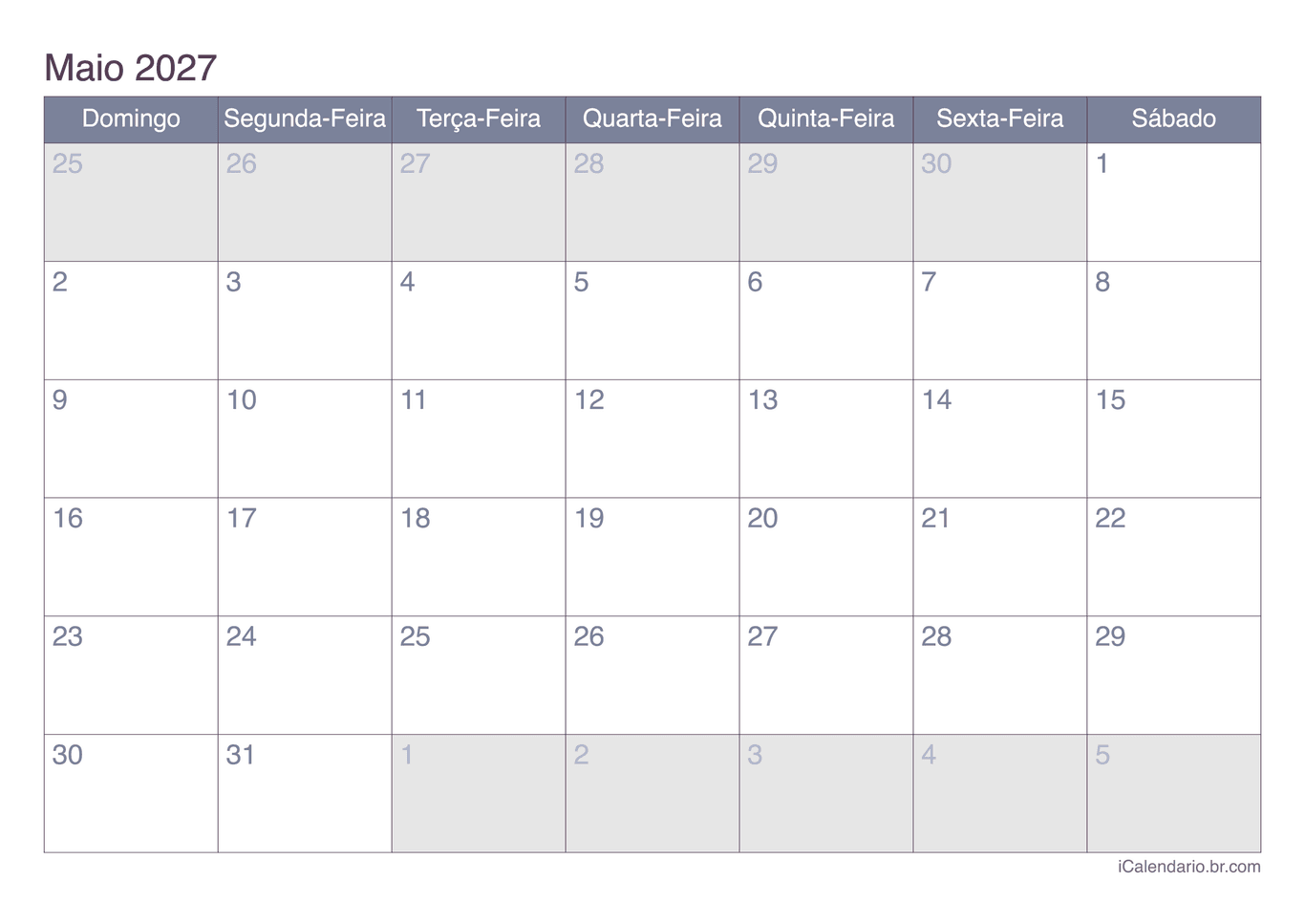 Calendário de maio 2027 - Office