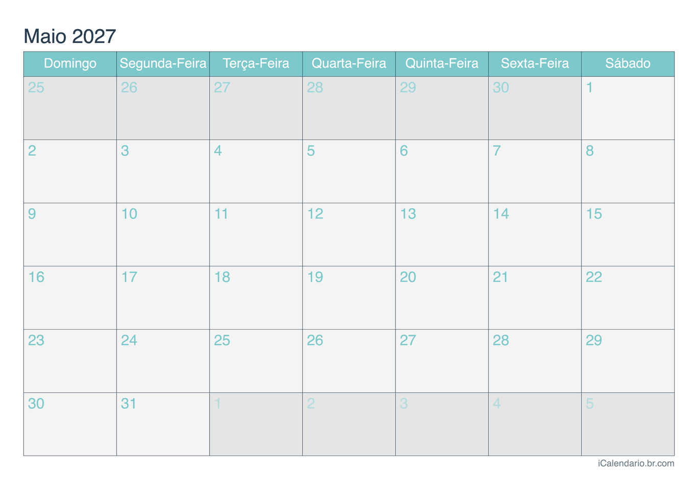 Calendário de maio 2027 - Turquesa