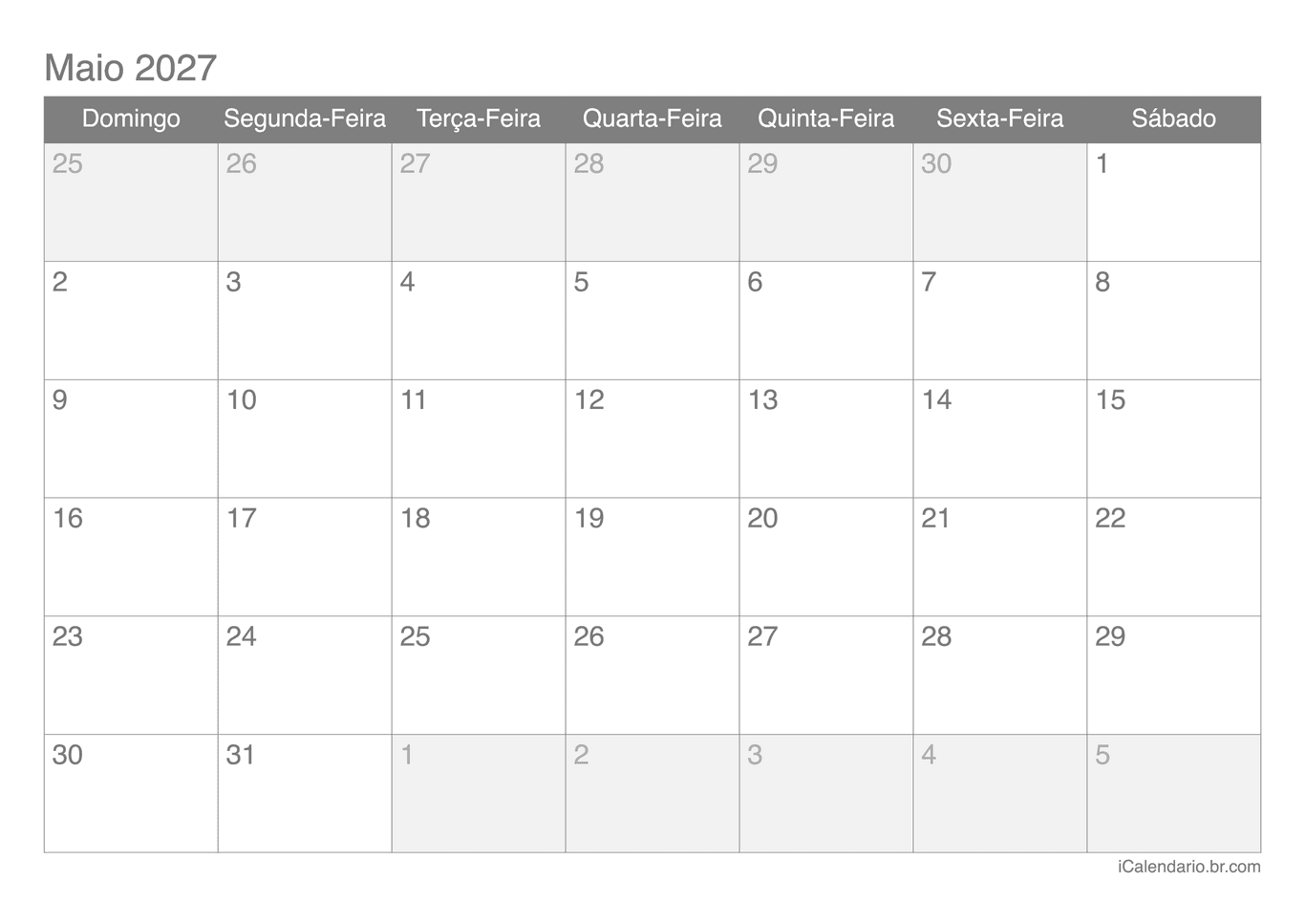 Calendário de maio 2027