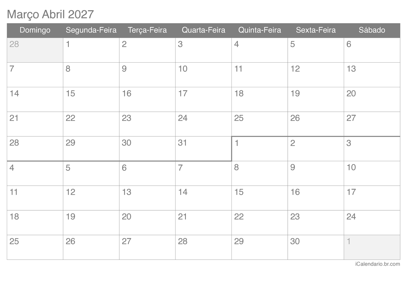 Calendário de março abril 2027