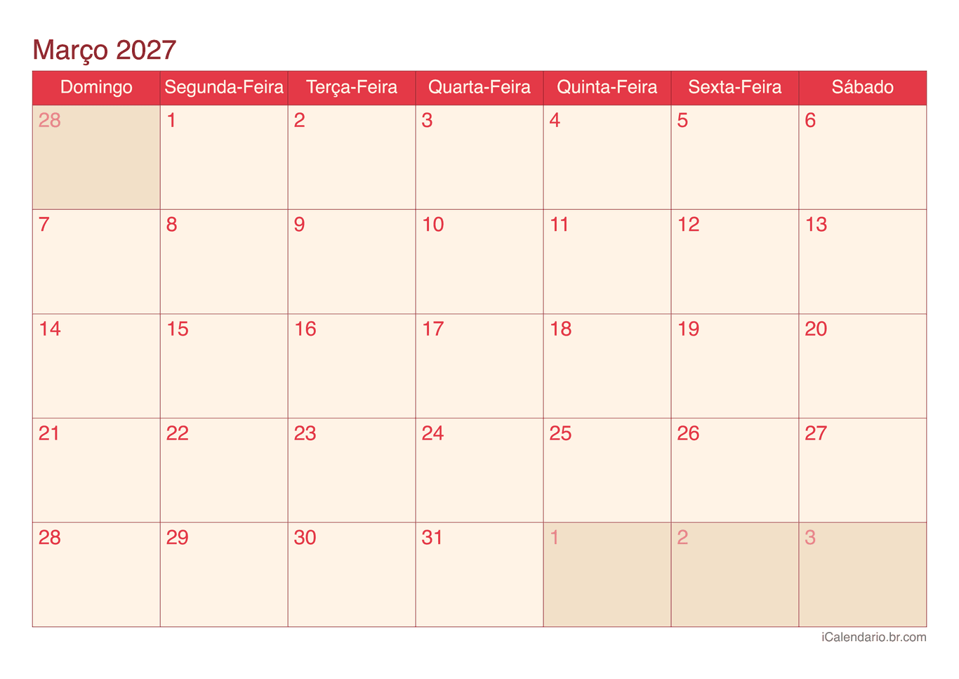 Calendário de março 2027 - Cherry