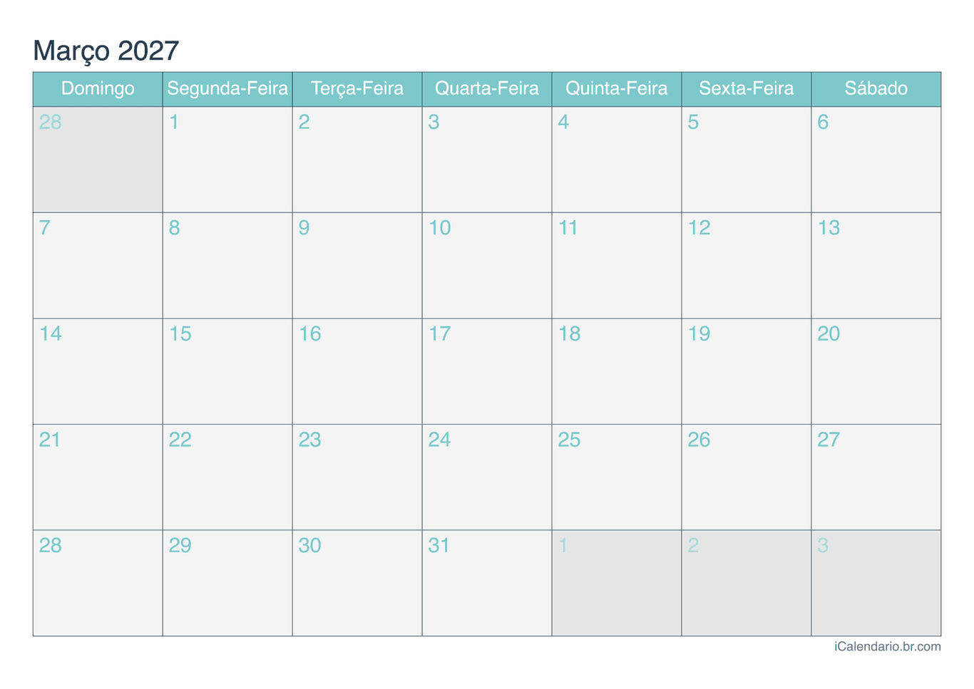 Calendário de março 2027 - Turquesa