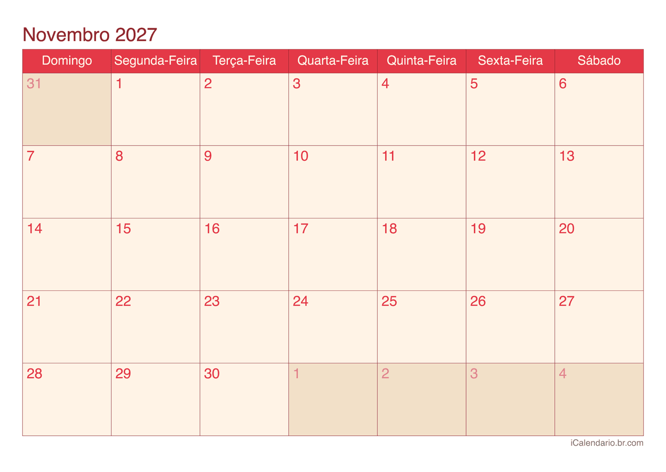 Calendário de novembro 2027 - Cherry