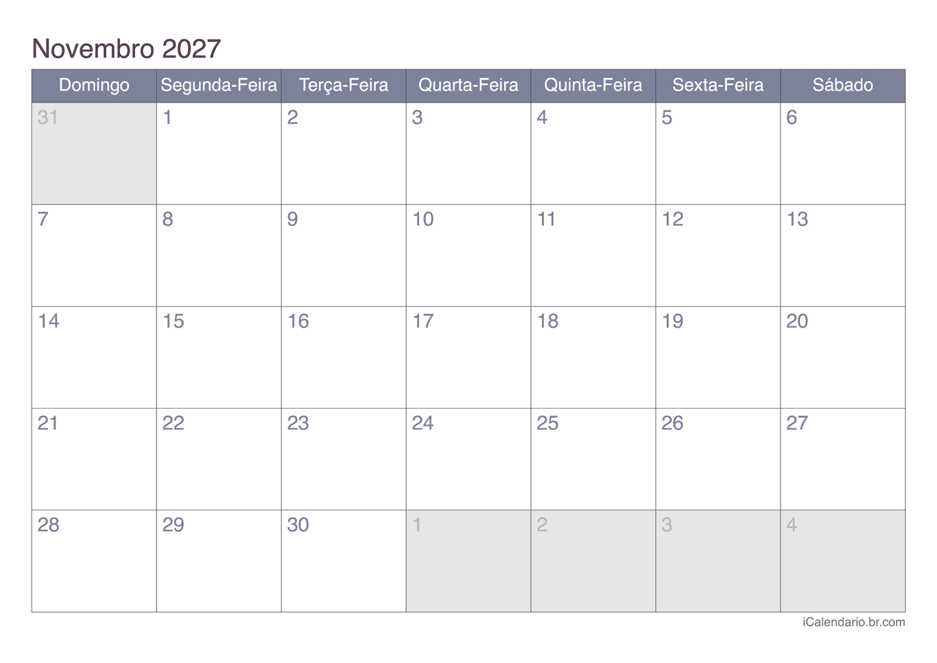 Calendário de novembro 2027 - Office