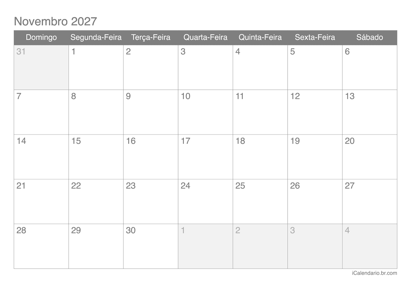 Calendário de novembro 2027