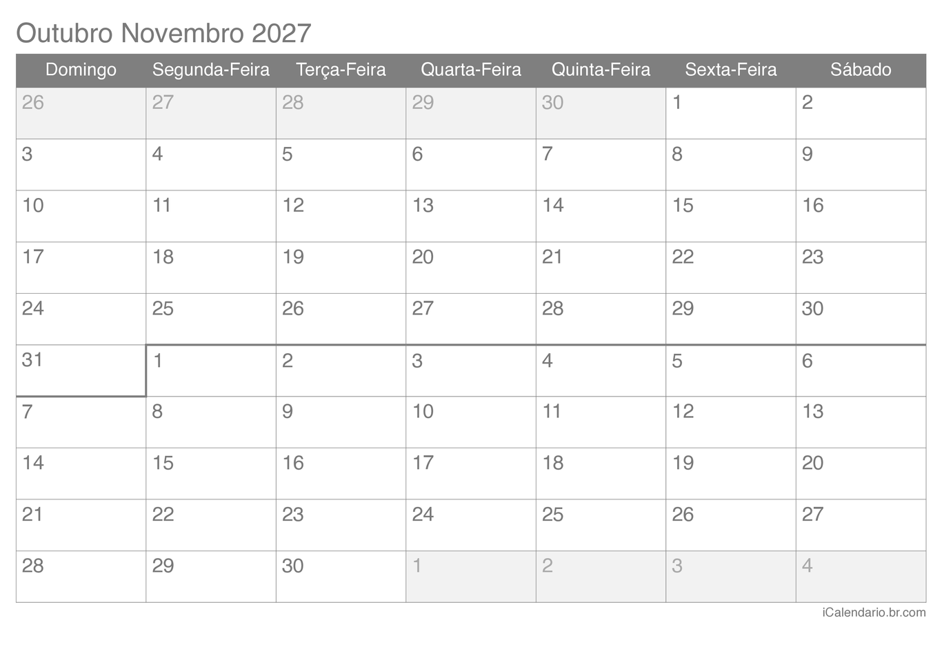 Calendário de outubro novembro 2027