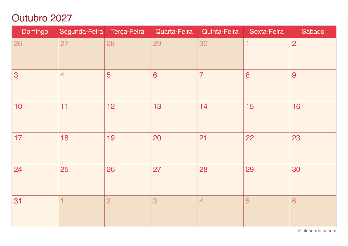 Calendário de outubro 2027 - Cherry