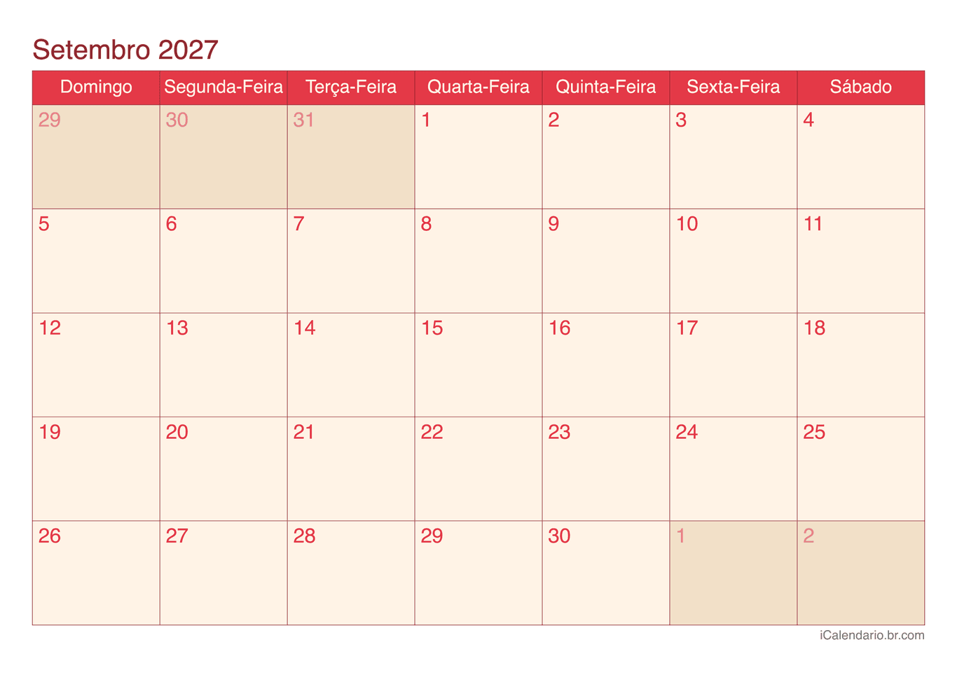 Calendário de setembro 2027 - Cherry