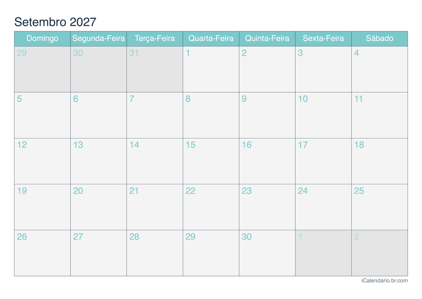 Calendário de setembro 2027 - Turquesa