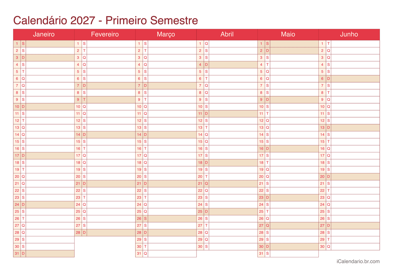 Calendário por semestre 2027 - Cherry