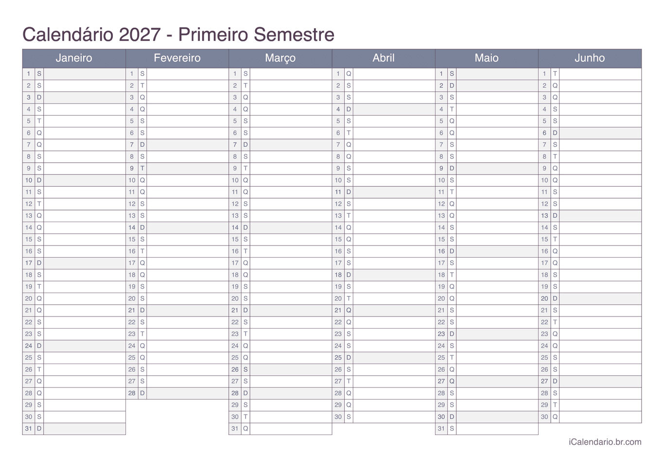 Calendário por semestre 2027 - Office