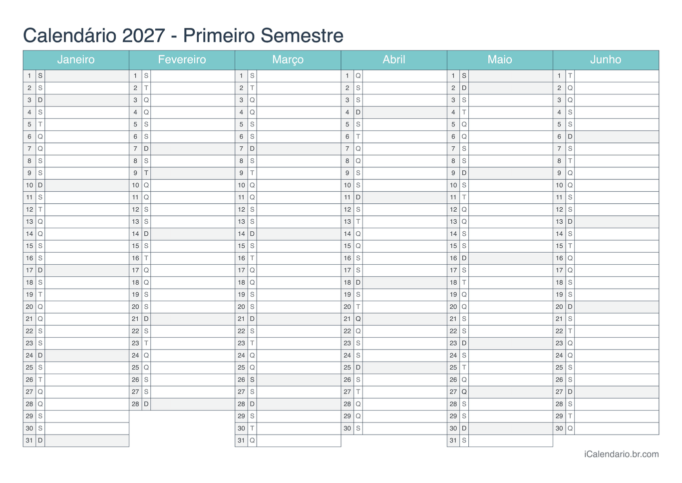 Calendário por semestre 2027 - Turquesa