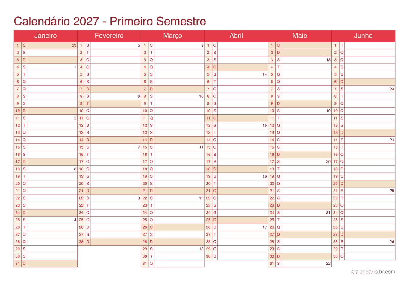 Calendário por semestre com números da semana 2027 - Cherry