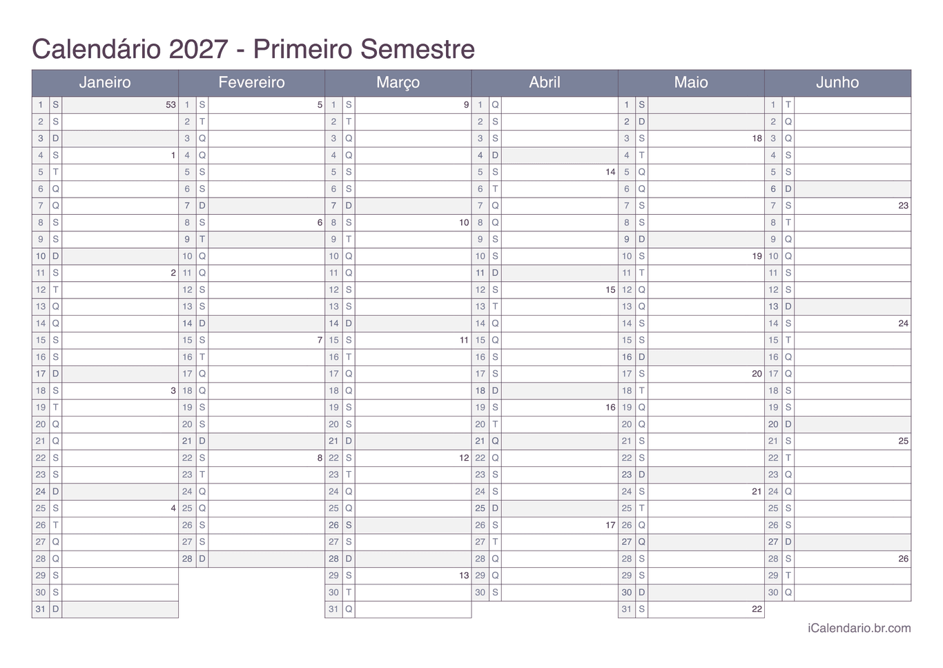 Calendário por semestre com números da semana 2027 - Office