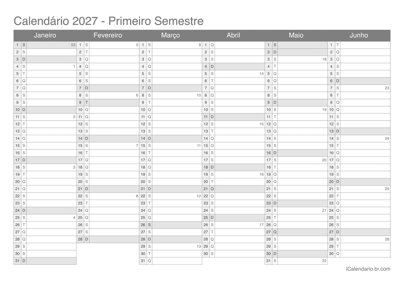 Calendário por semestre com números da semana 2027