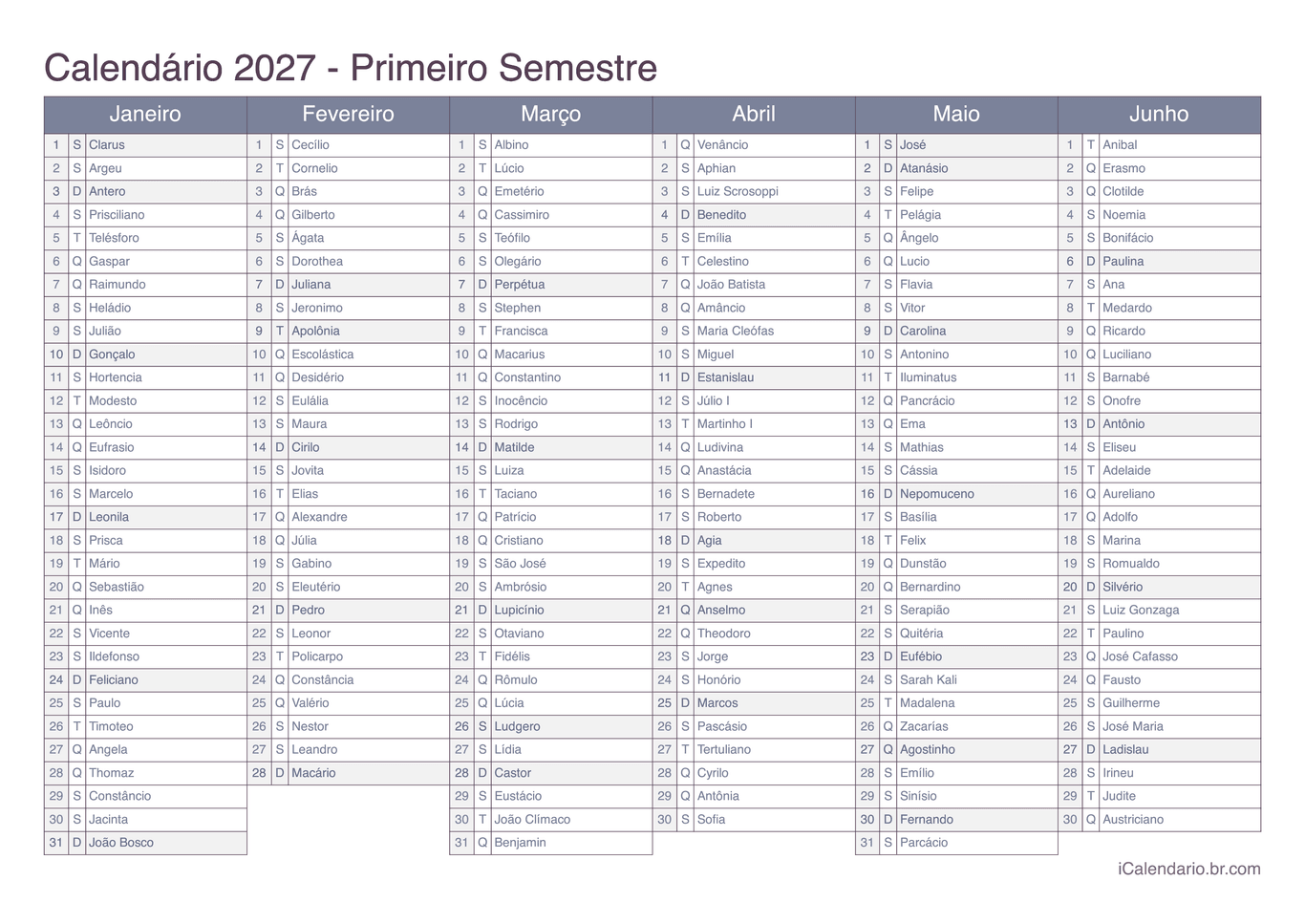 Calendário por semestre 2027 com festa do dia - Office