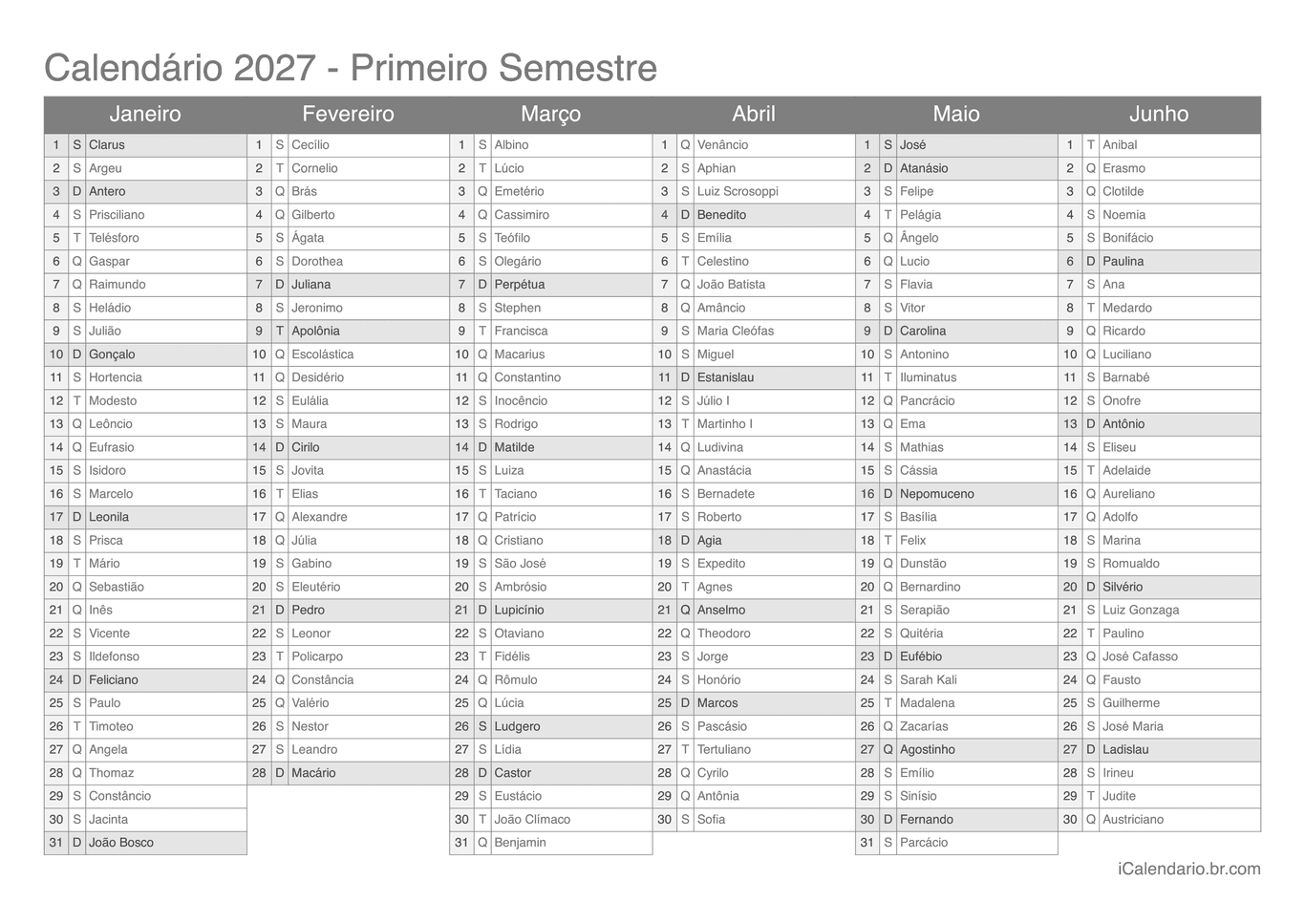 Calendário por semestre 2027 com festa do dia